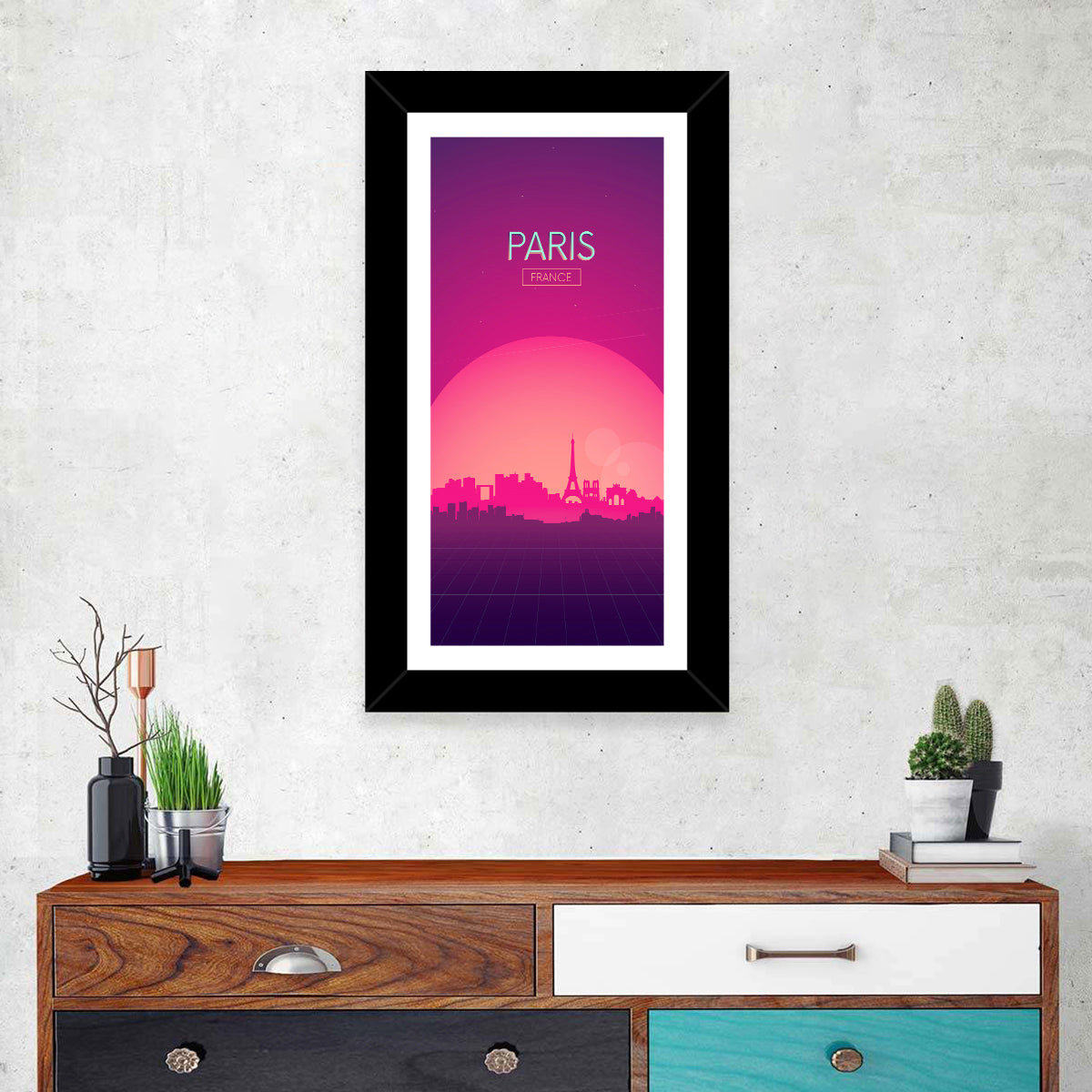 Paris Synthwave Skyline Wall Art in a room, portrait