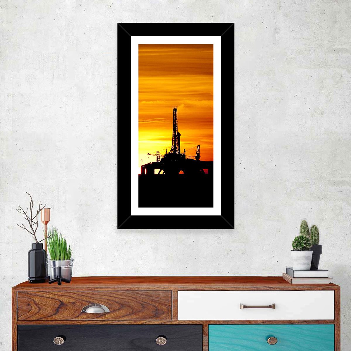Offshore Oil Rig at Sunset Wall Art in a room, portrait