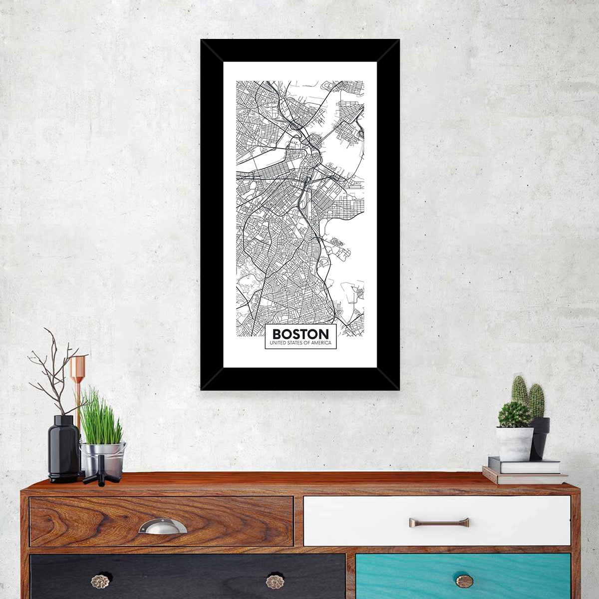 Boston City Map Wall Art in a room, portrait