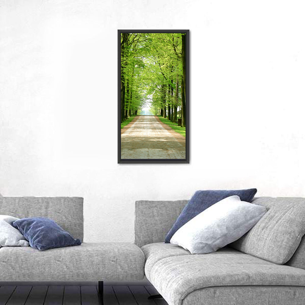 Sunlit Tree-lined Path Wall Art in a room, portrait