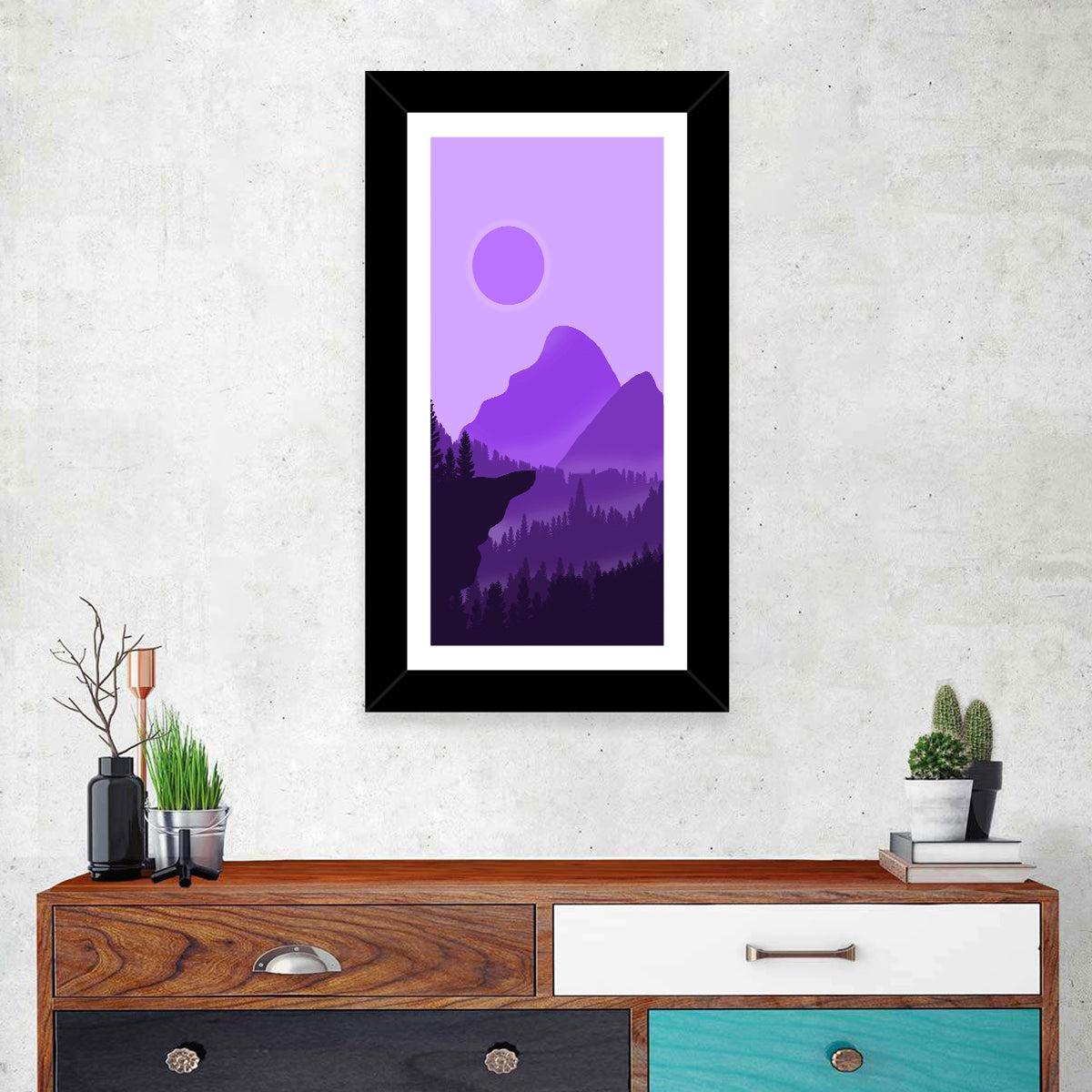 Purple Mountain Dusk Wall Art in a room, portrait