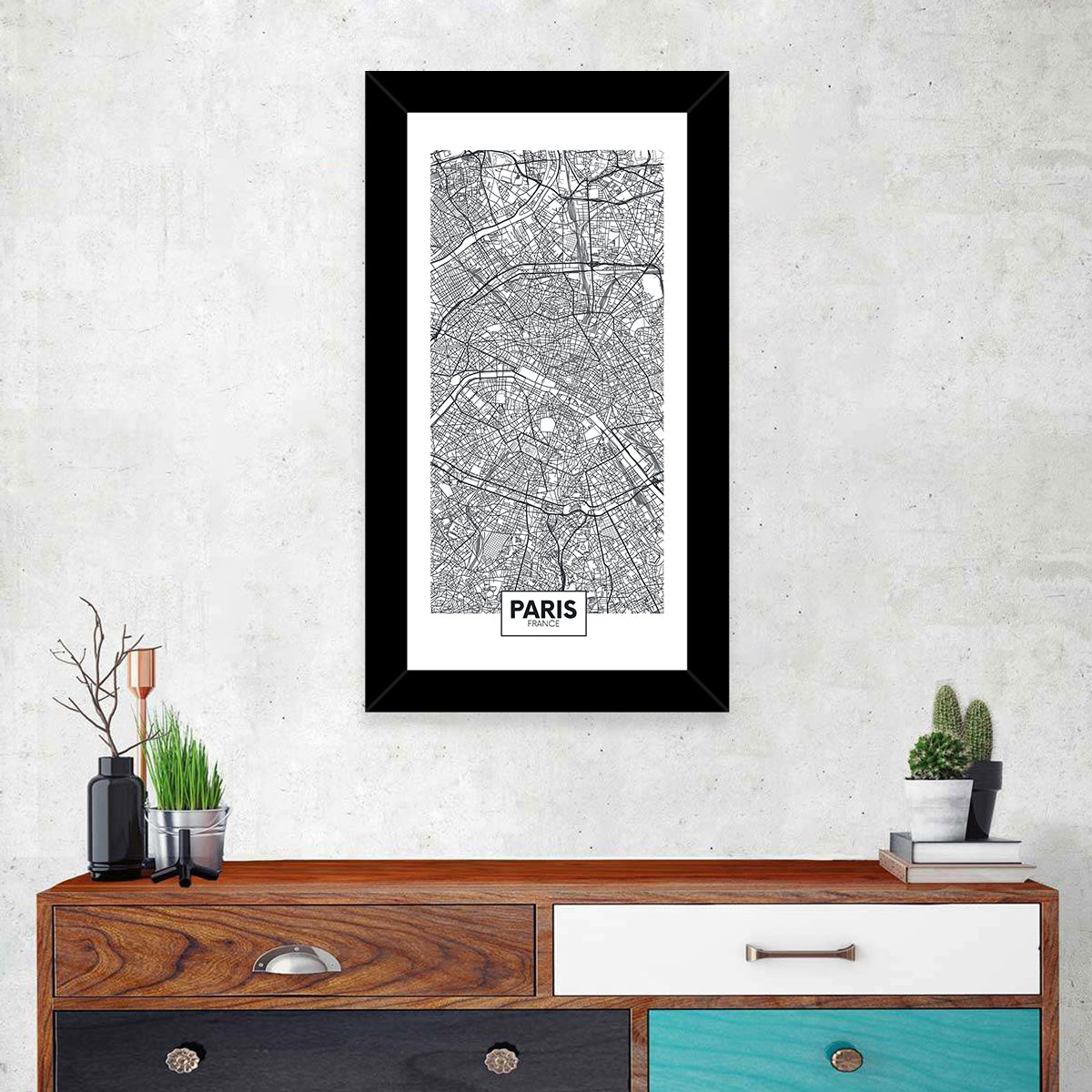 Paris Street Network Map Wall Art in a room, portrait
