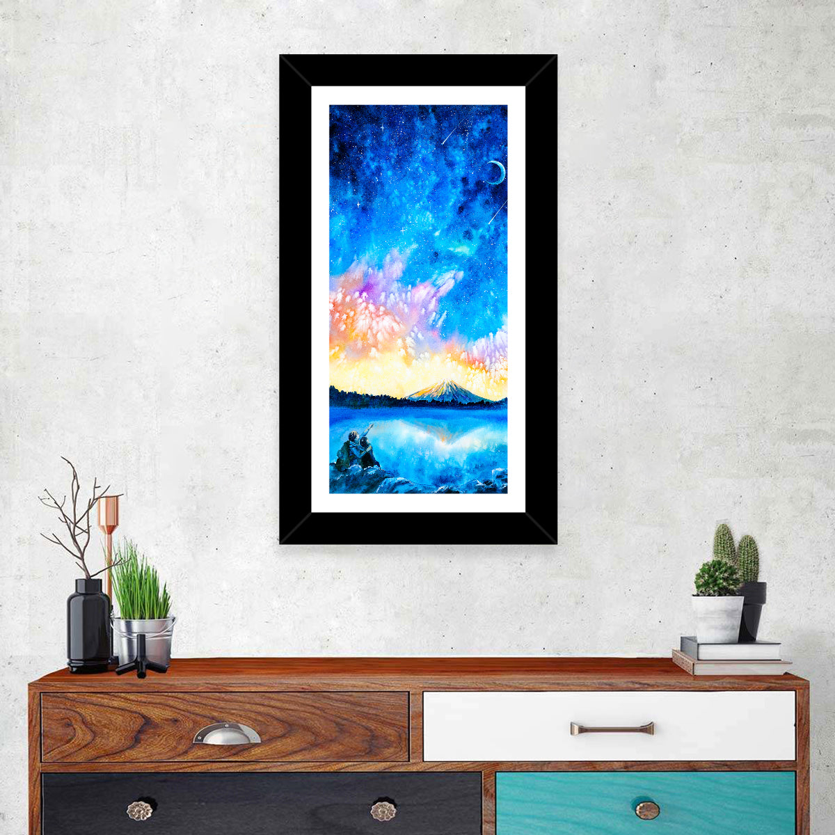 Starry Night Mountain Lake Wall Art in a room, portrait