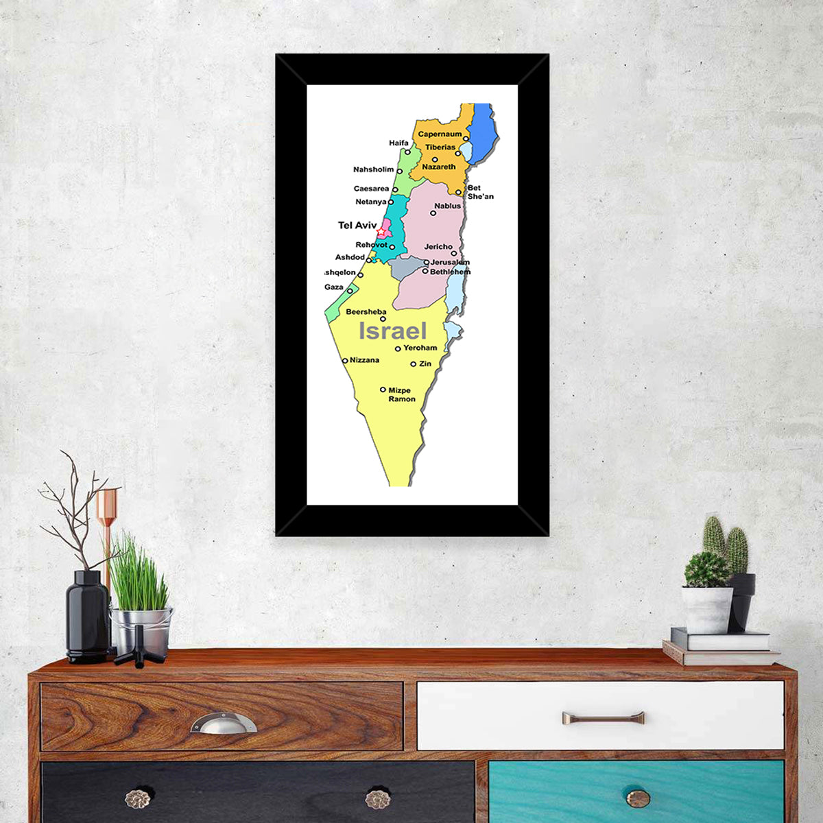 Minimalist Israel Map Wall Art in a room, portrait
