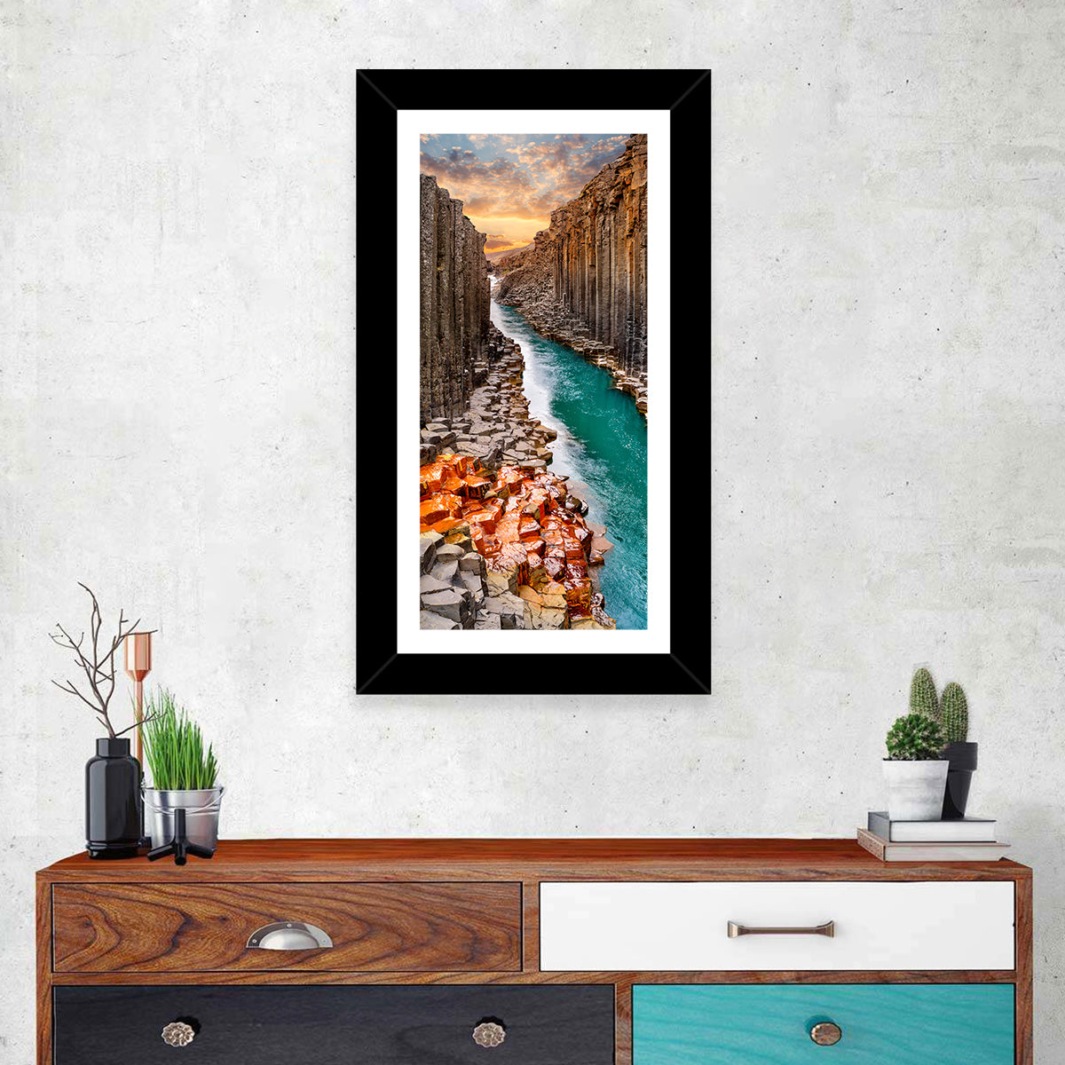 Stuðlagil Canyon Basalt Columns at Golden Hour Wall Art in a room, portrait