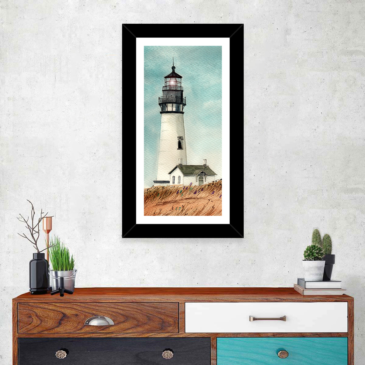Lighthouse Over Grassy Dune Wall Art in a room, portrait