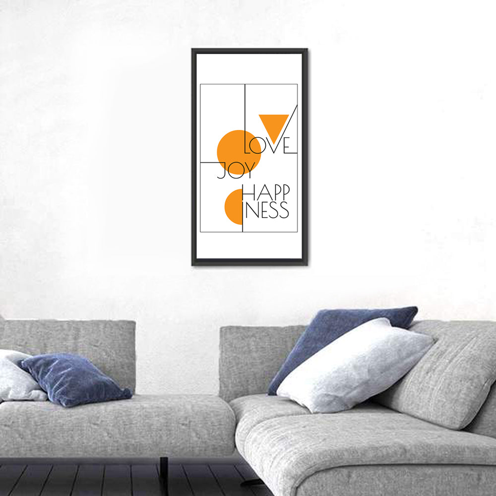 Love Joy Happiness Geometric Typography Wall Art in a room, portrait