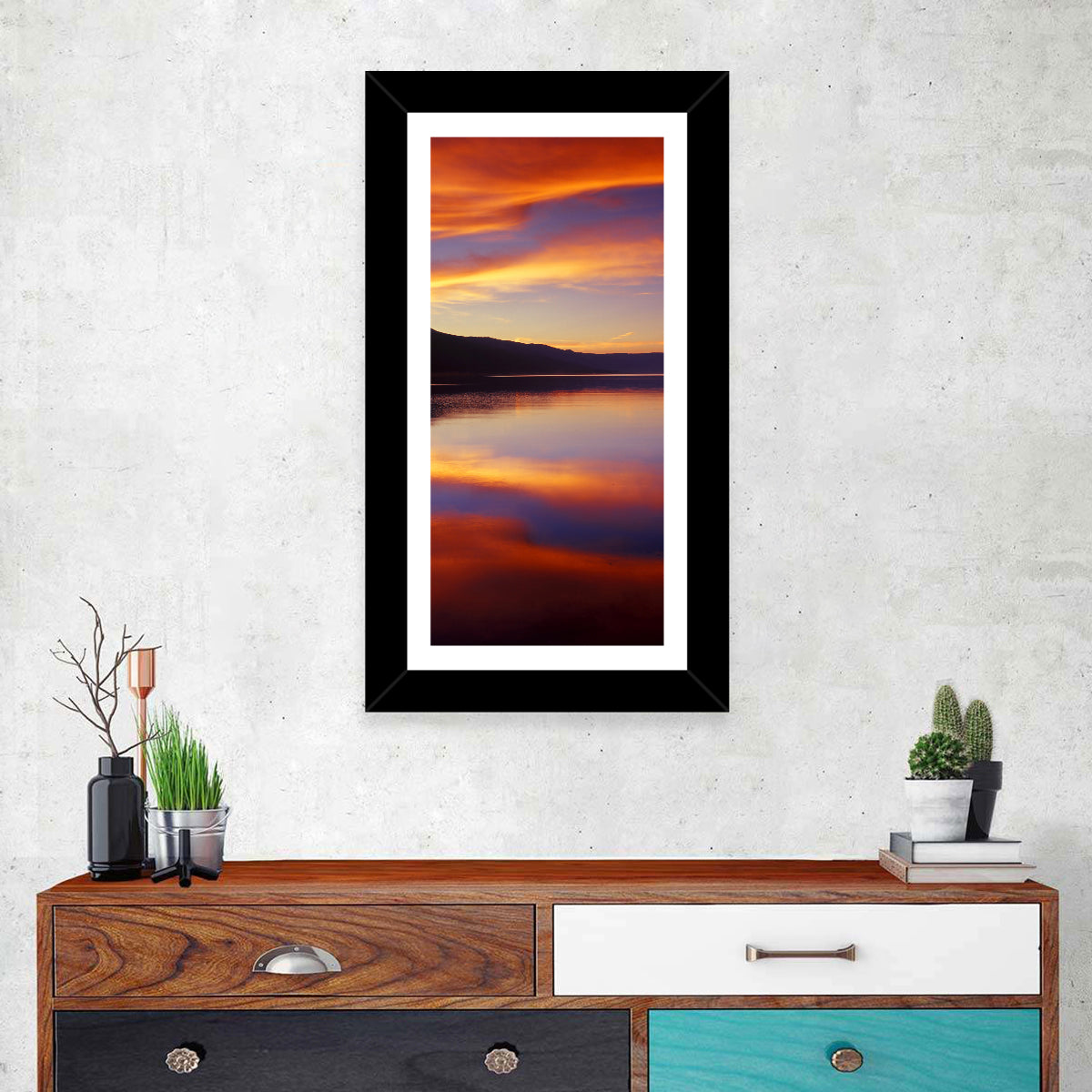 Dusk Over Mountain Lake Wall Art in a room, portrait