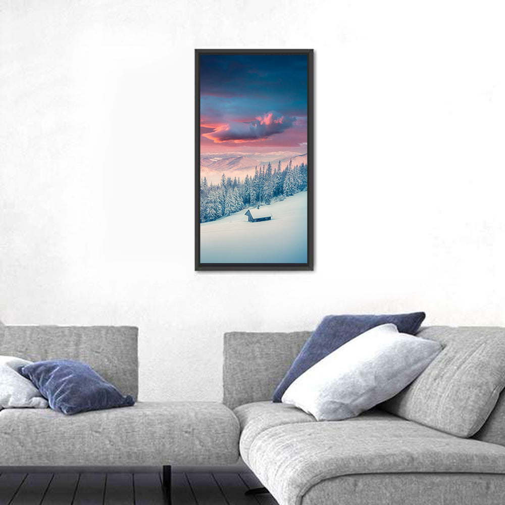 Cabin at Winter Sunrise Wall Art in a room, portrait