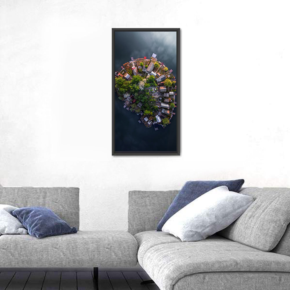 Aerial View of Lake Kavicsos Island Wall Art in a room, portrait