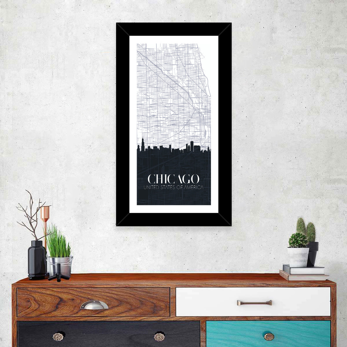 Chicago Skyline Map Wall Art in a room, portrait