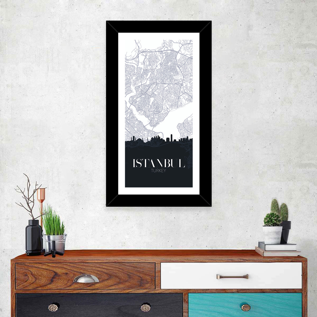 Istanbul Map and Skyline Wall Art in a room, portrait
