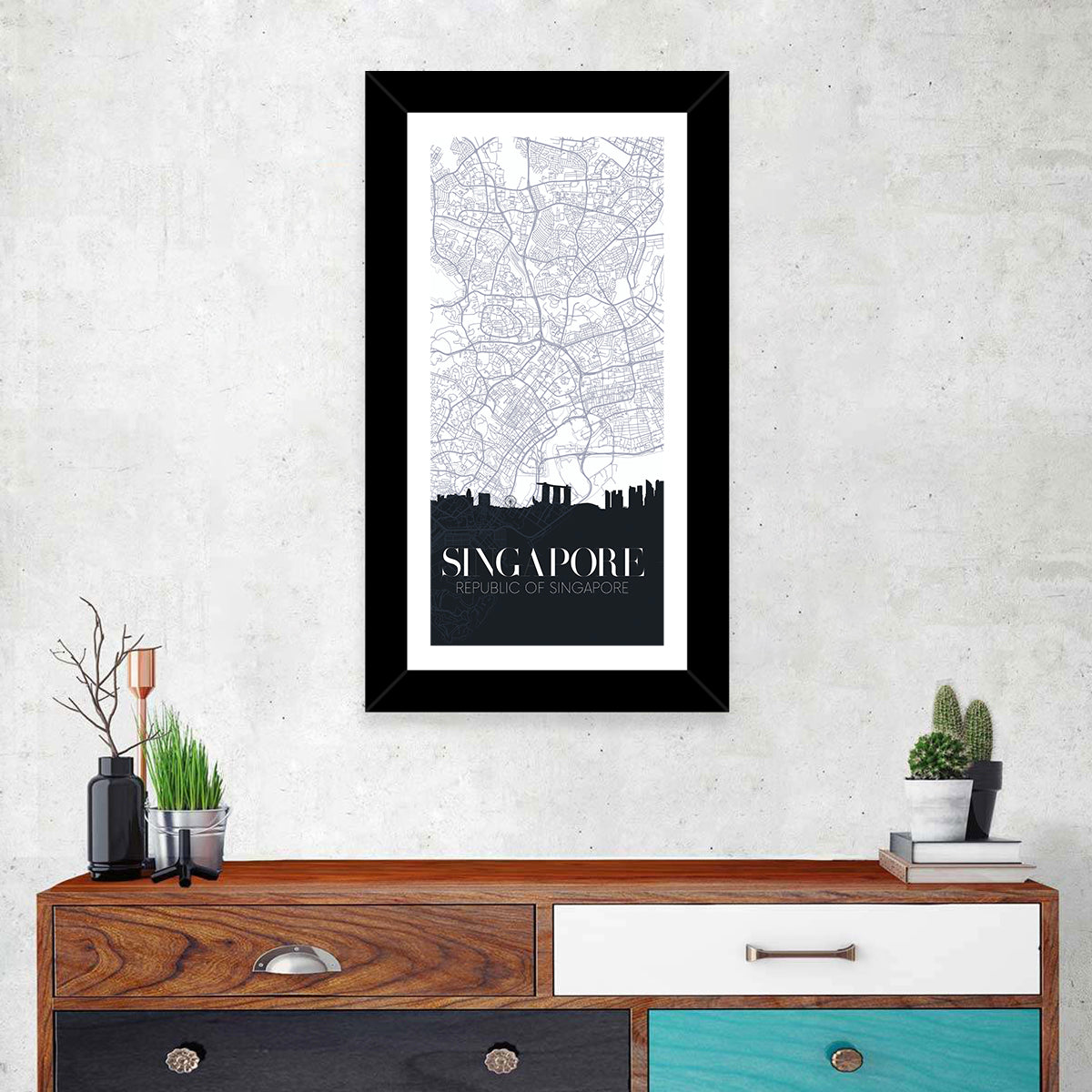 Singapore City Map Silhouette Wall Art in a room, portrait