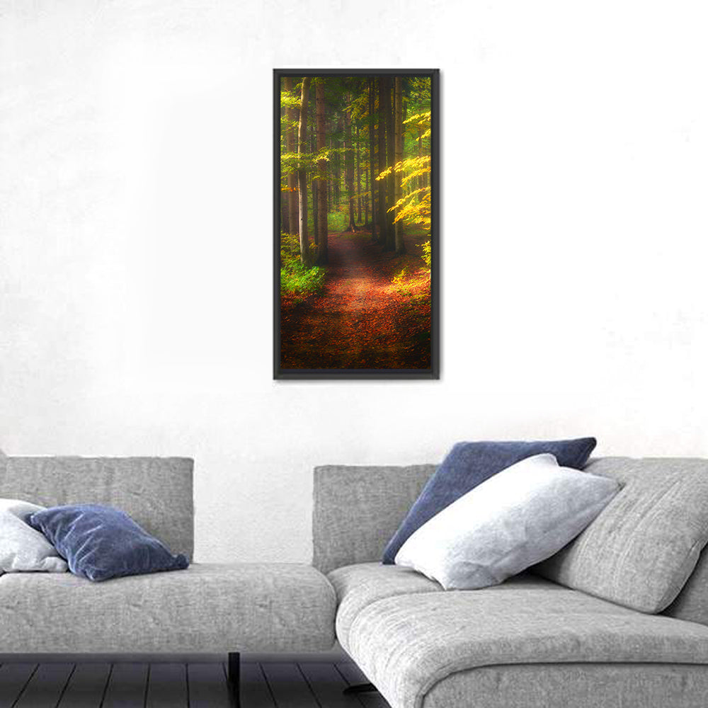 Autumn Forest Pathway Wall Art in a room, portrait