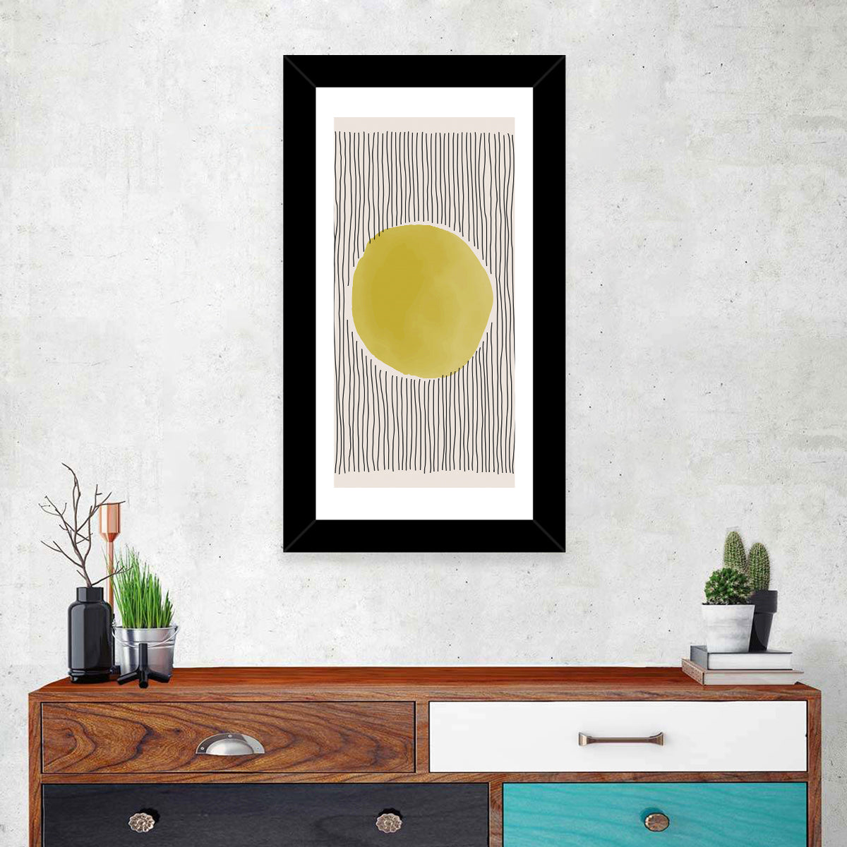 Watercolor Circle Minimalist Abstract Wall Art in a room, portrait