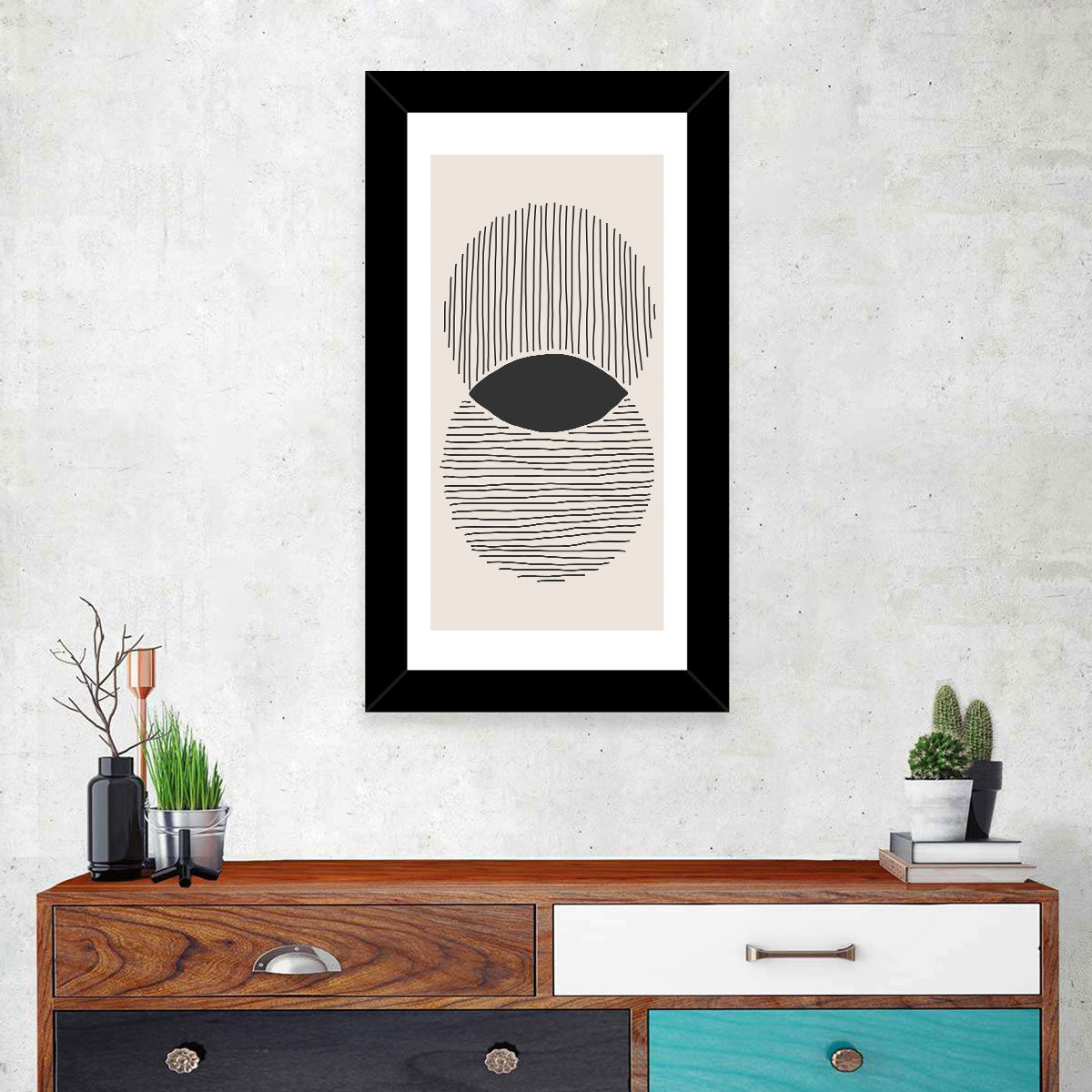 Boho Geometric Circles Wall Art in a room, portrait
