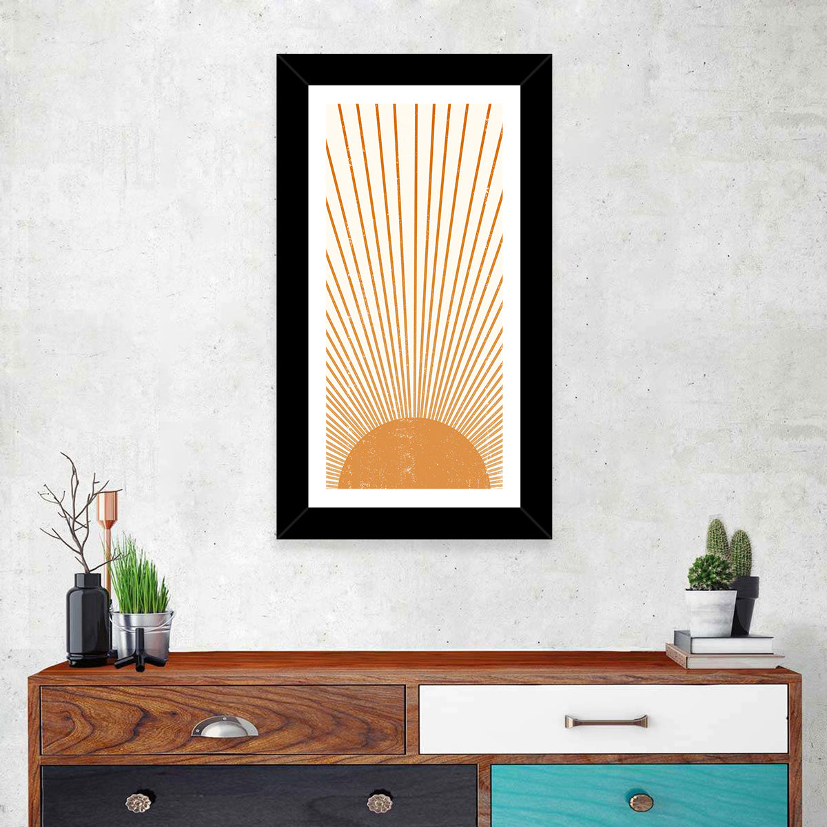 Distressed Sunburst Minimalist Wall Art in a room, portrait