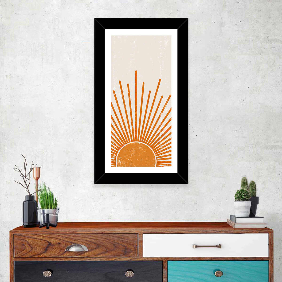 Warm Boho Sun Illustration Wall Art in a room, portrait