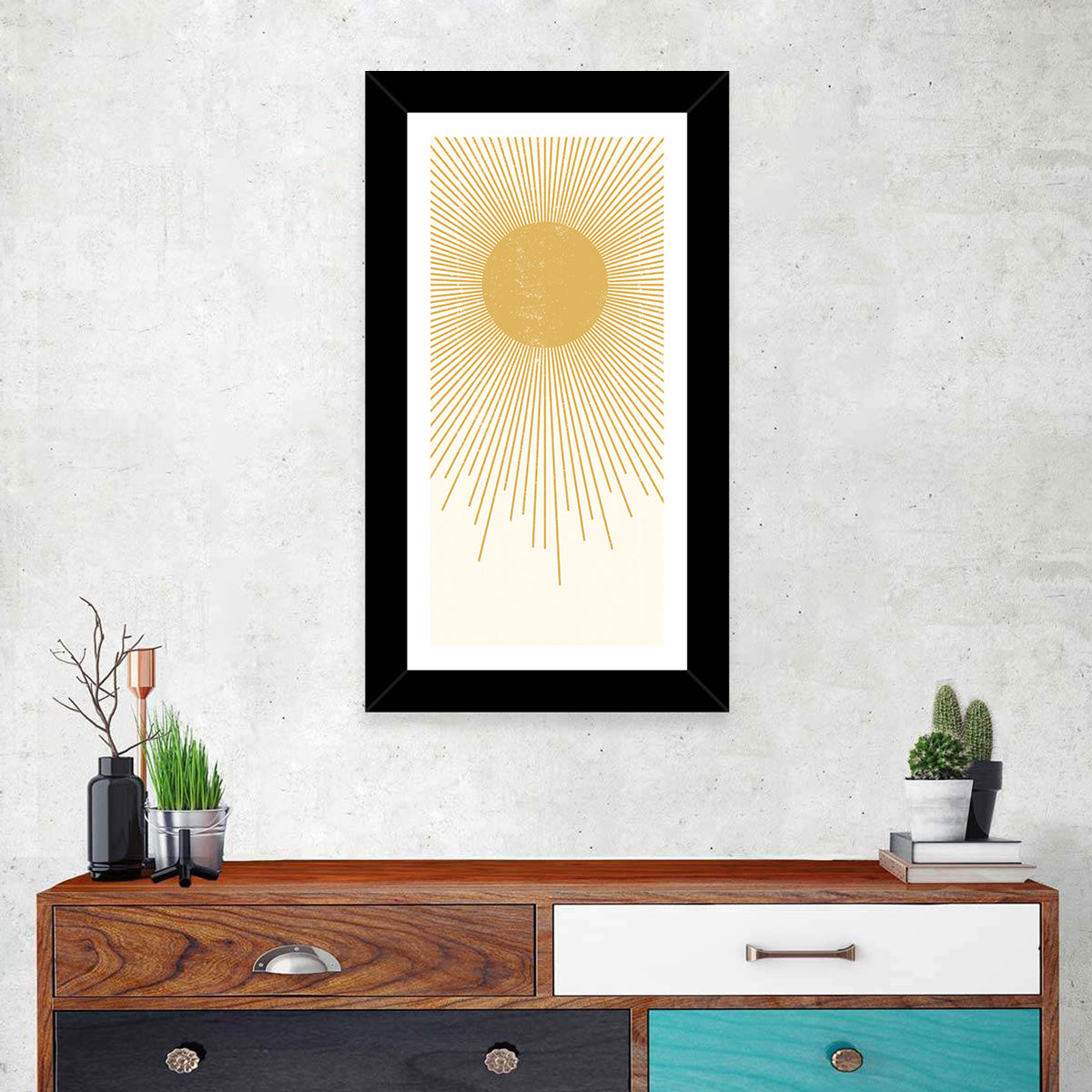 Textured Sunburst Abstract Wall Art in a room, portrait