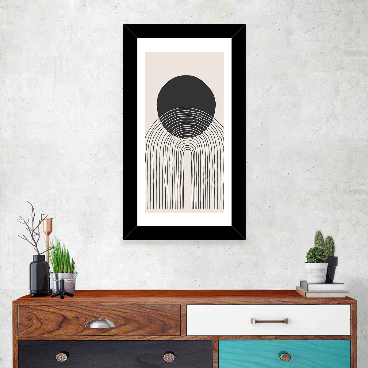 Minimalist Black Sun Wall Art in a room, portrait