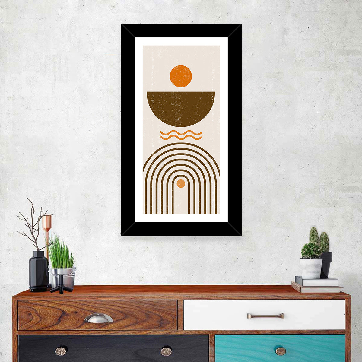 Earth Tone Rainbow Arch Wall Art in a room, portrait