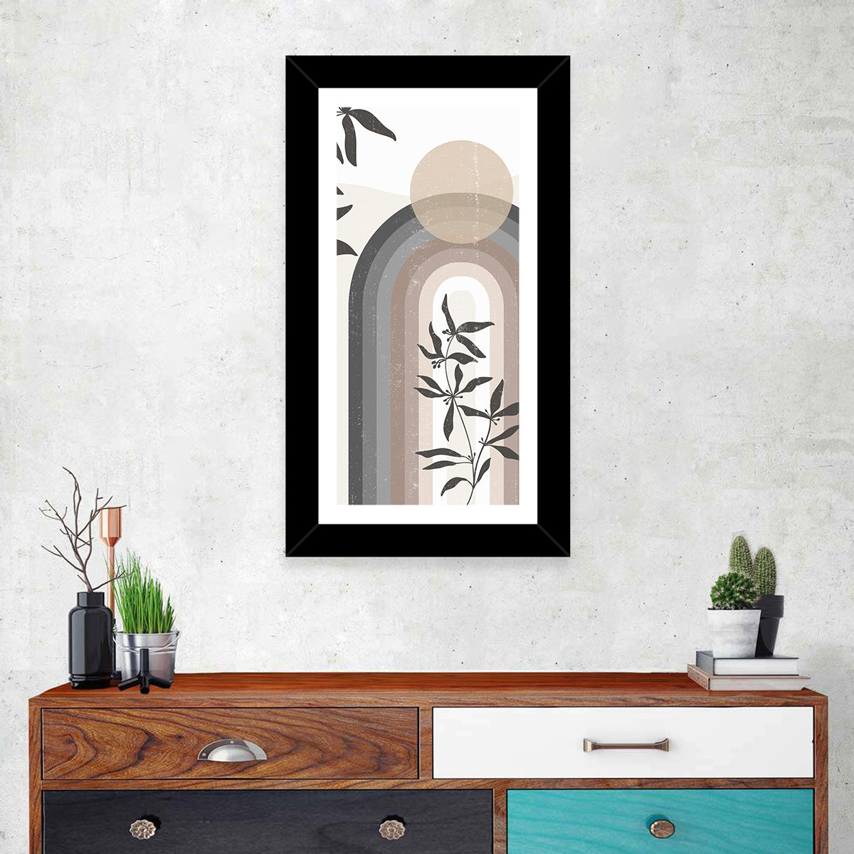 Taupe Rainbow Botanical Arch Wall Art in a room, portrait
