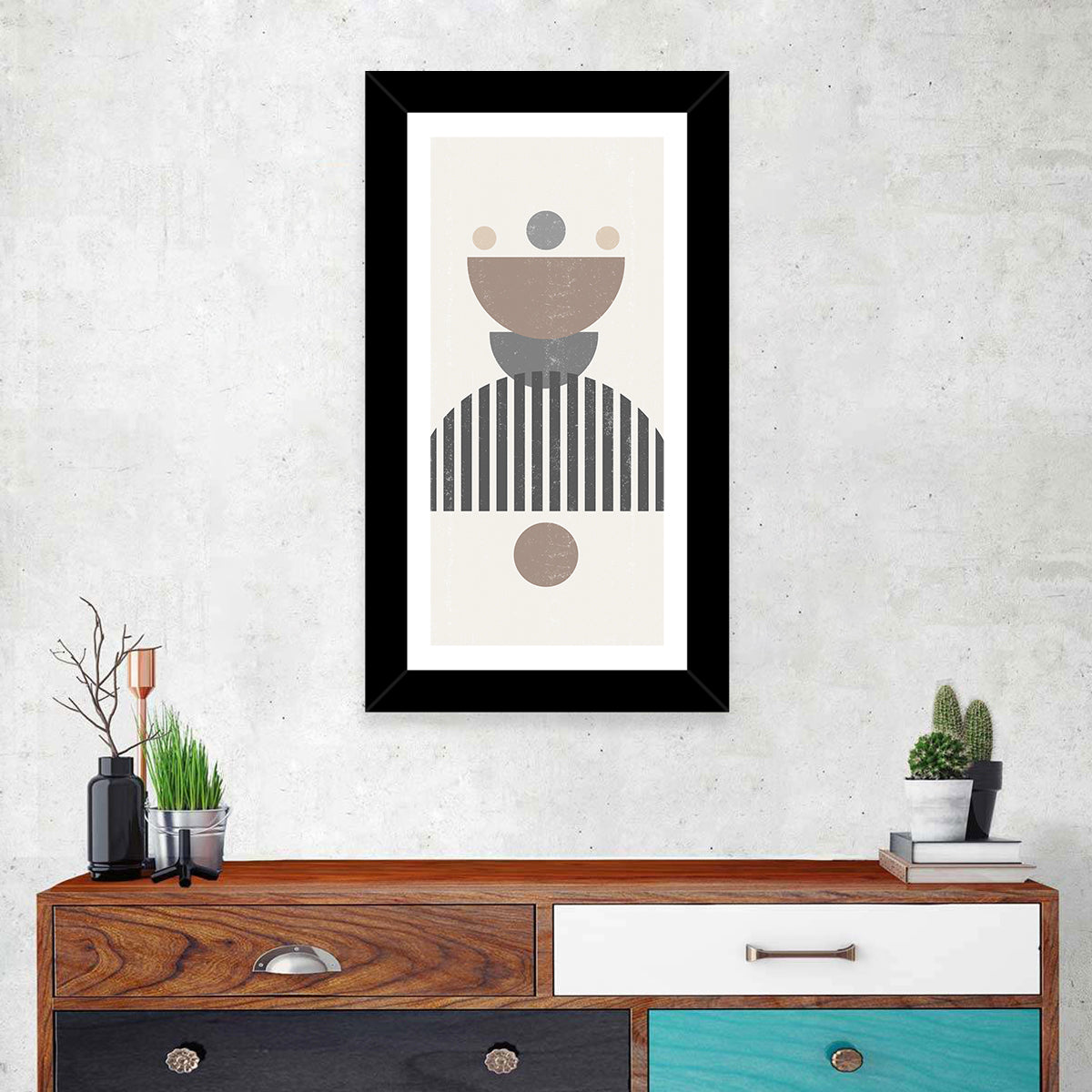 Stacked Sun and Moon Minimalist Wall Art in a room, portrait