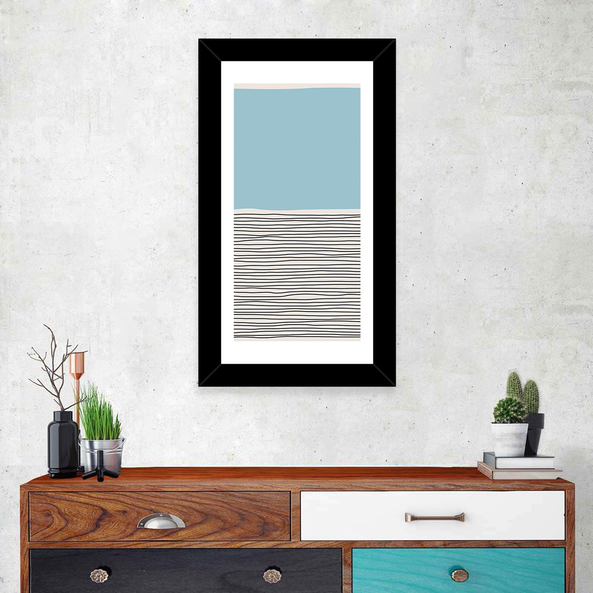 Blue Horizon Minimalist V Wall Art in a room, portrait