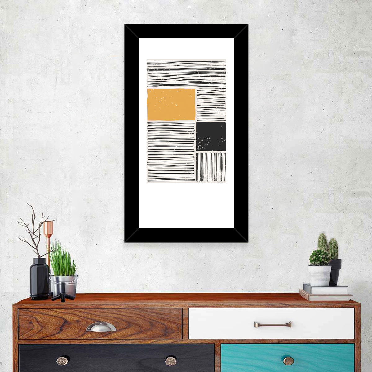 Beige and Yellow Grid Study Wall Art in a room, portrait