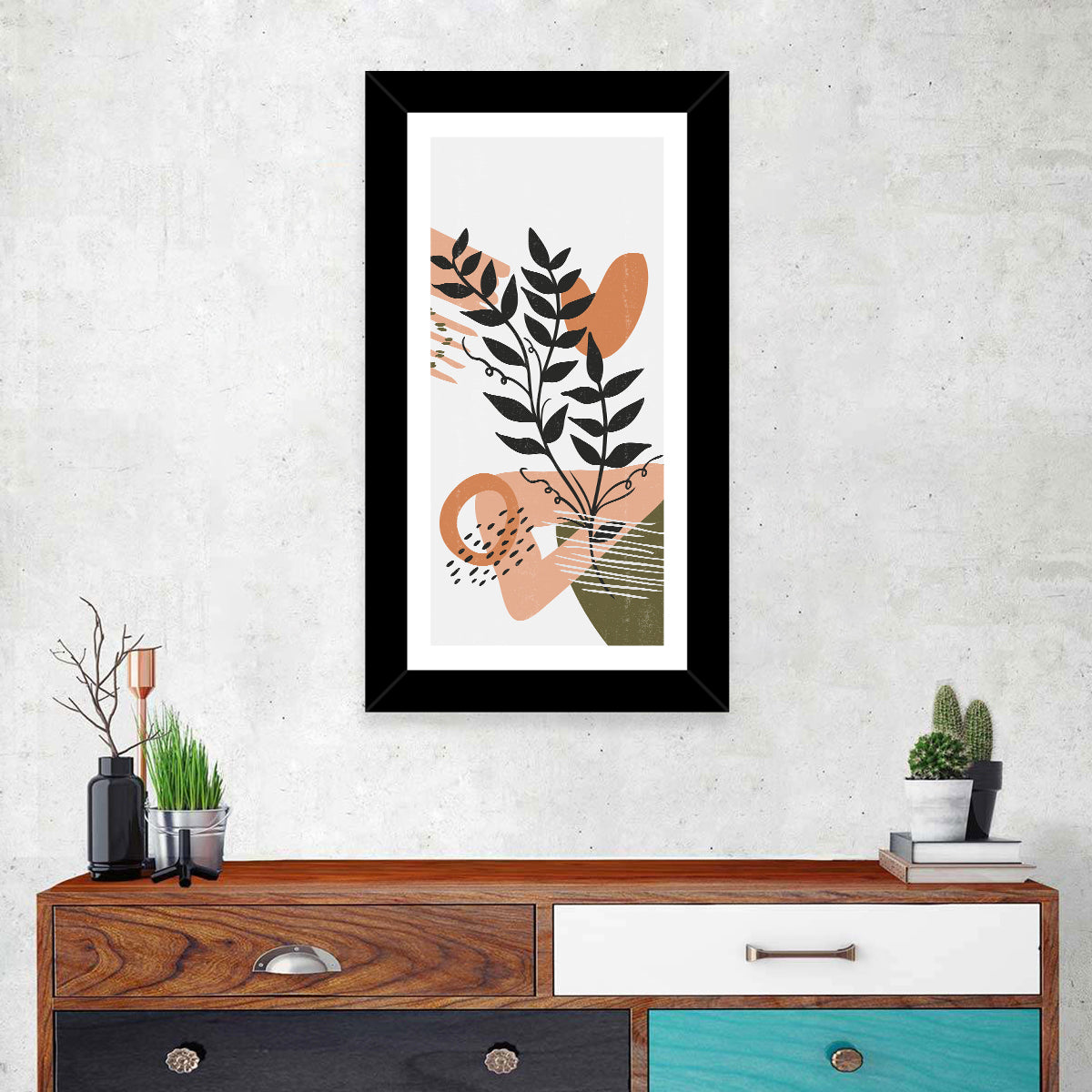 Olive Botanical Leaves Abstract Wall Art in a room, portrait