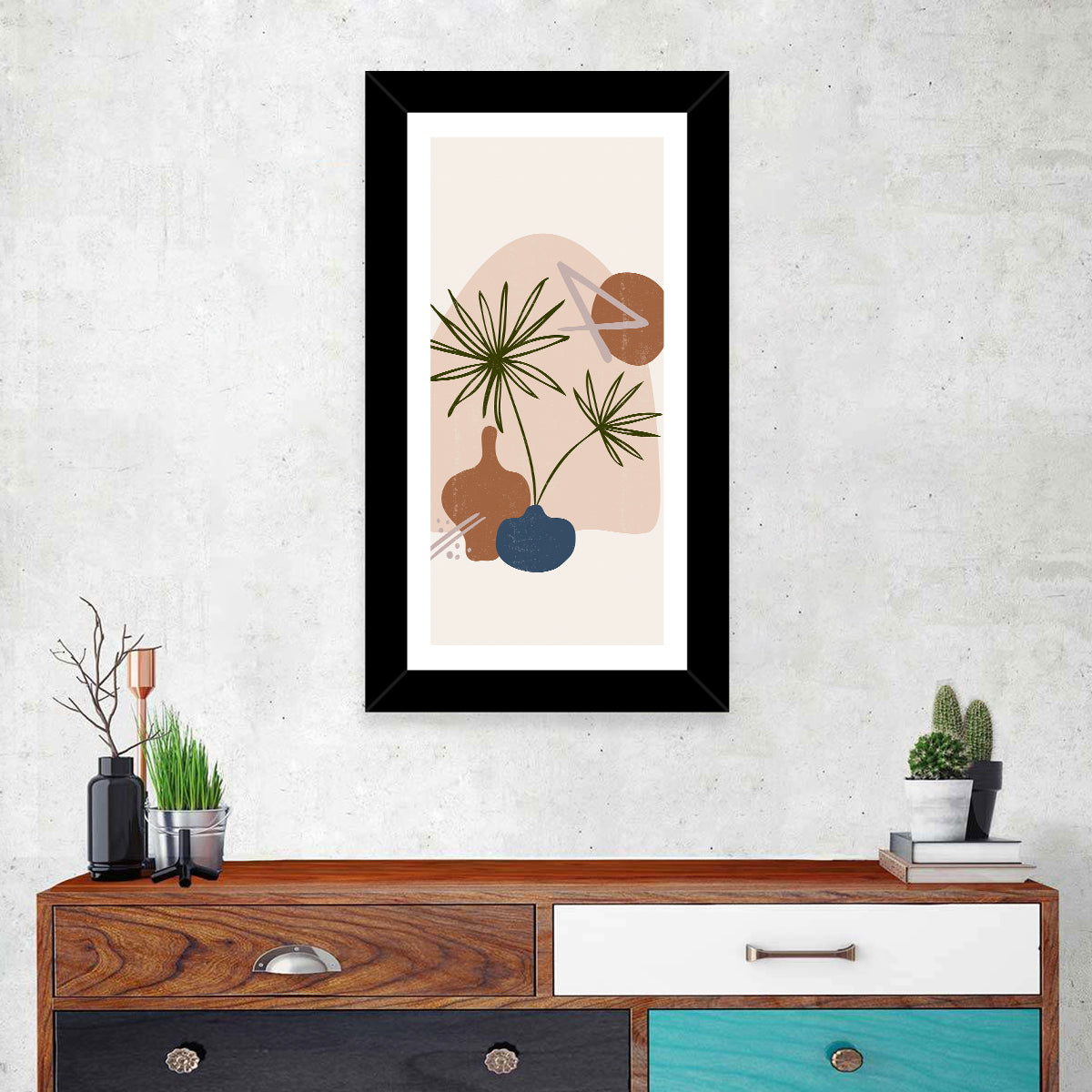 Palm Leaves and Vases Abstract Wall Art in a room, portrait