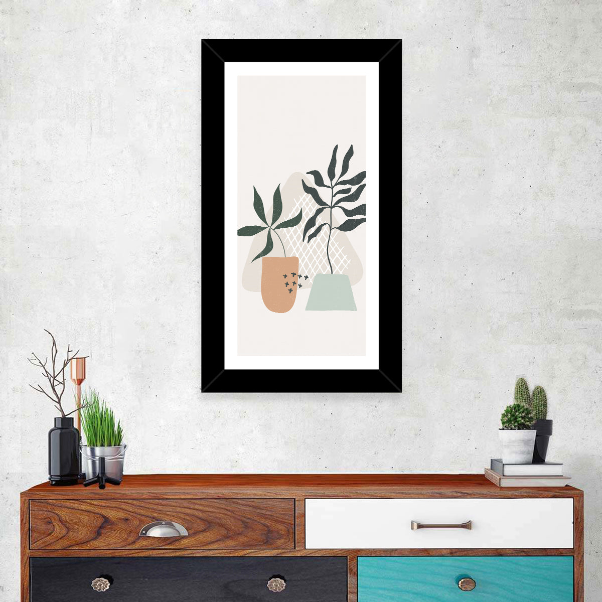 Potted Plants with Hand-drawn Grid Wall Art