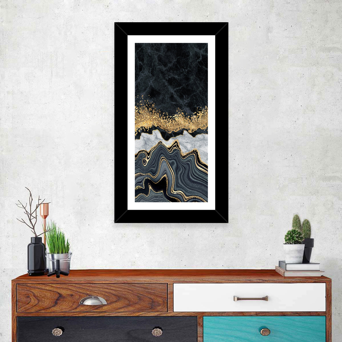 Black Gold River Wall Art in a room, portrait