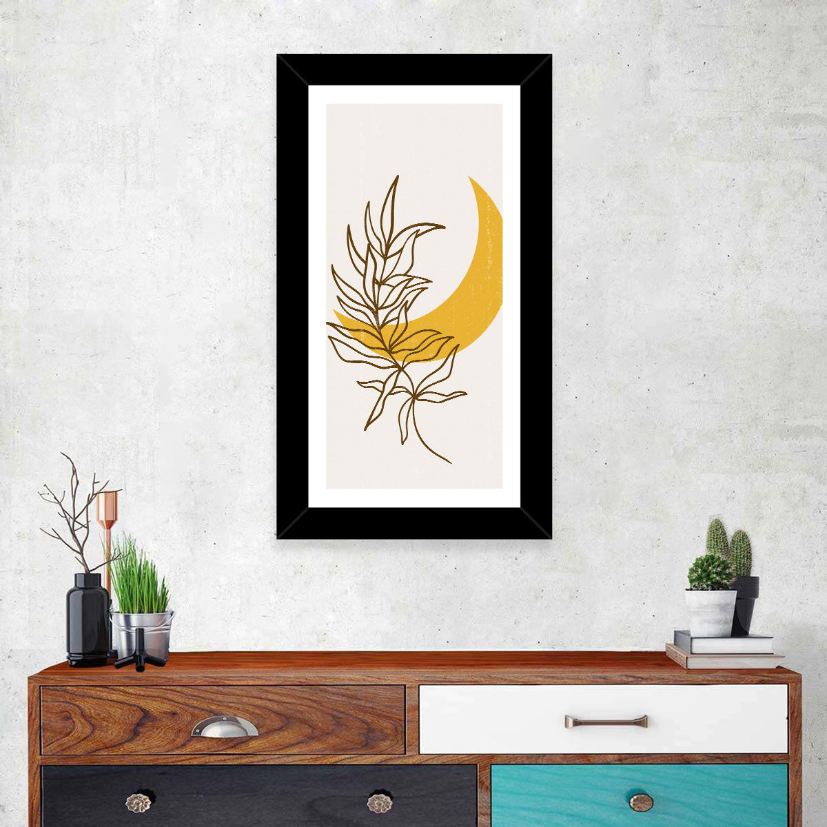 Crescent Moon Leaf Illustration Wall Art in a room, portrait