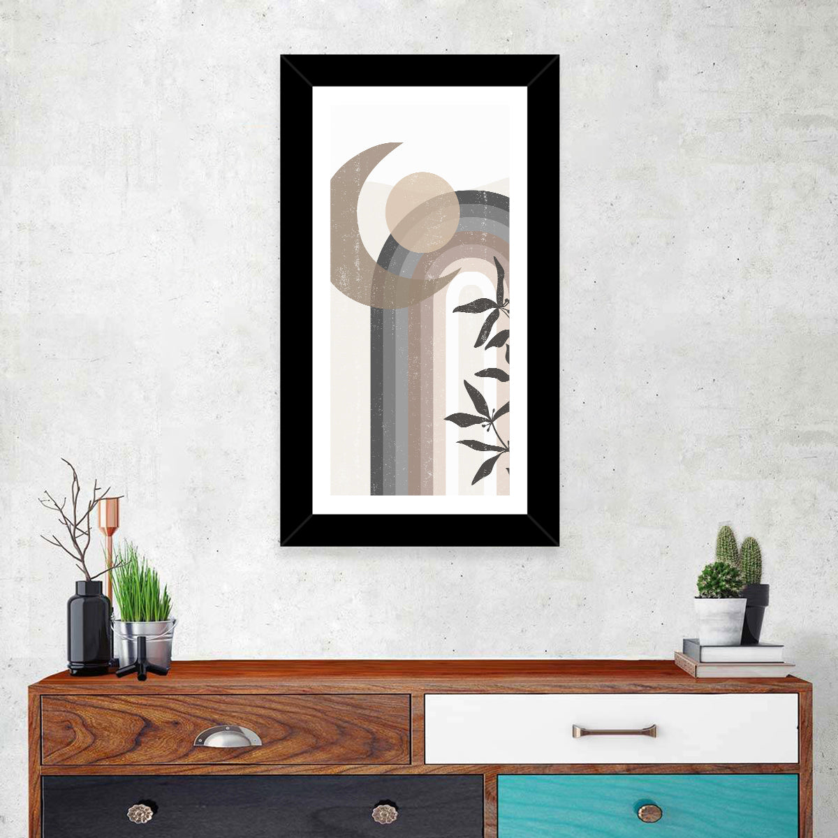 Crescent Moon Rainbow Abstract Wall Art in a room, portrait
