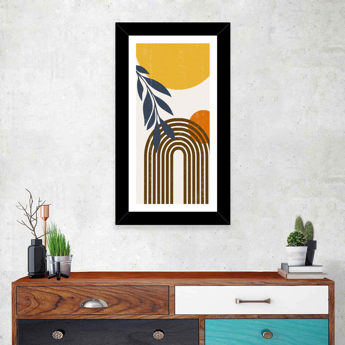 Boho Sun and Moon with Leaves Wall Art in a room, portrait