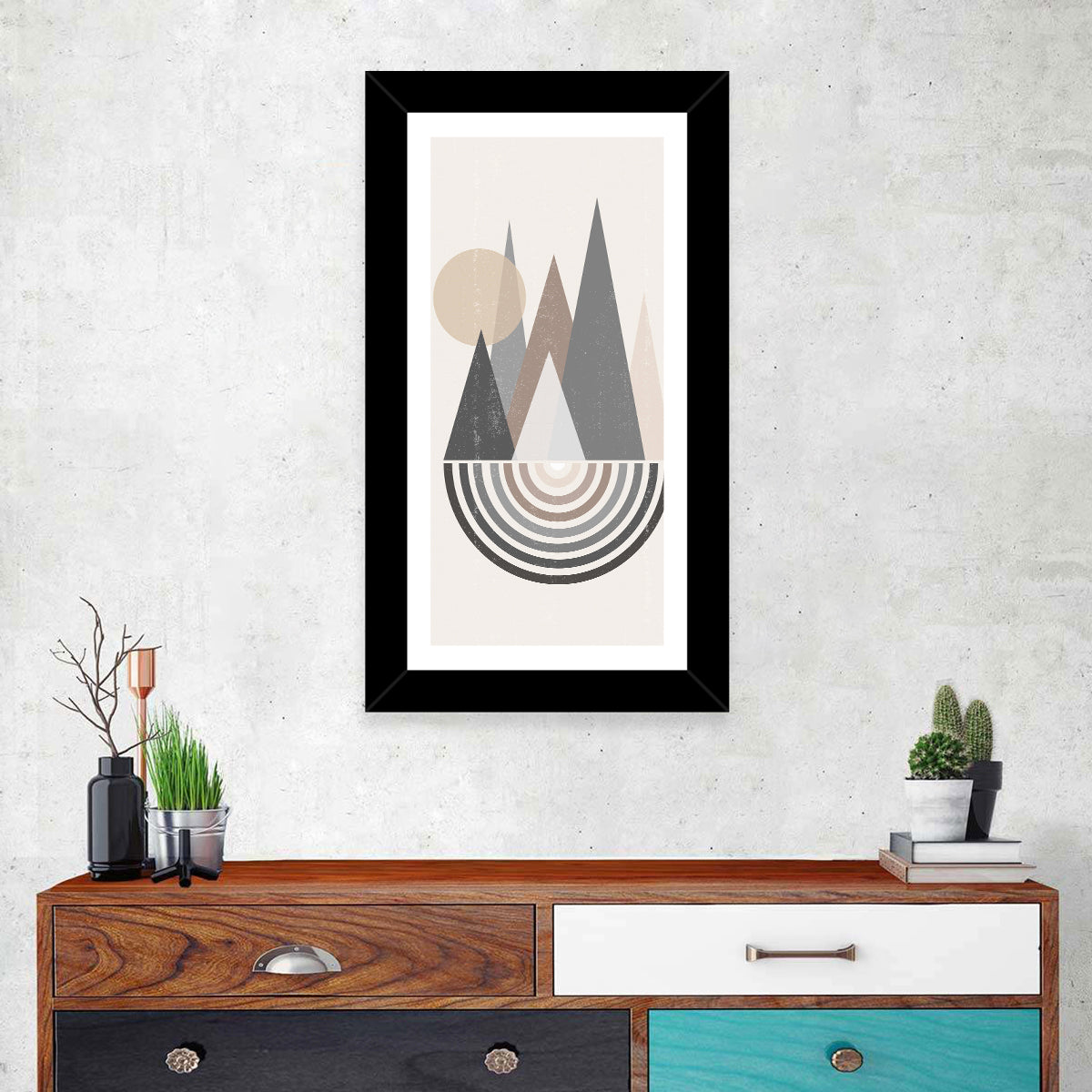 Minimalist Boho Pyramids Wall Art in a room, portrait