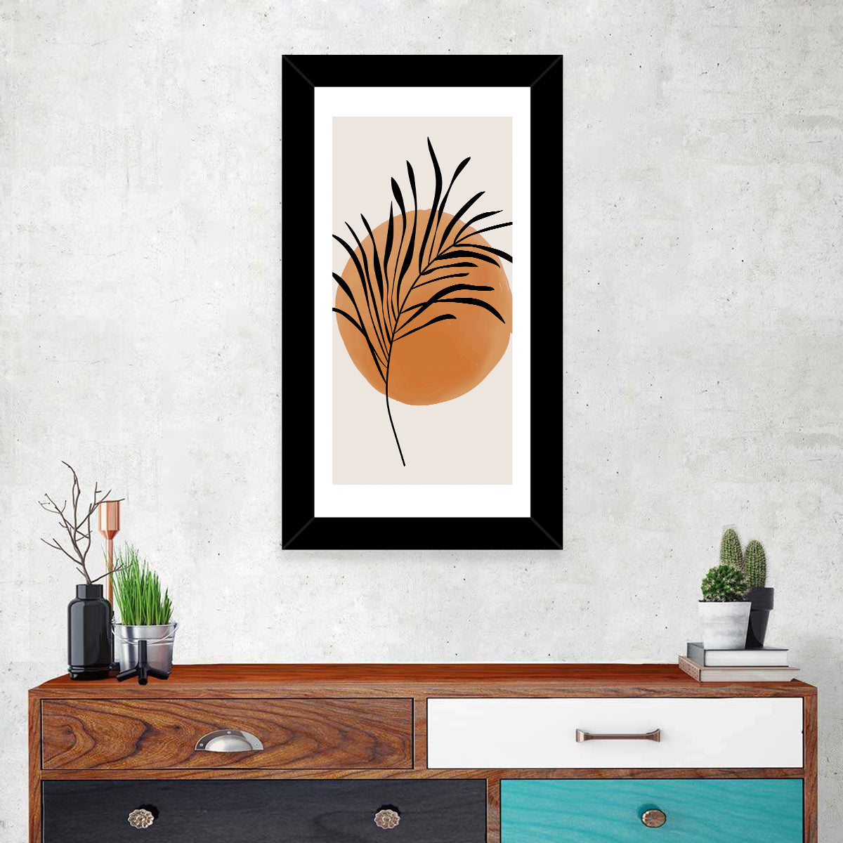 Long Palm Frond Minimalist Wall Art in a room, portrait