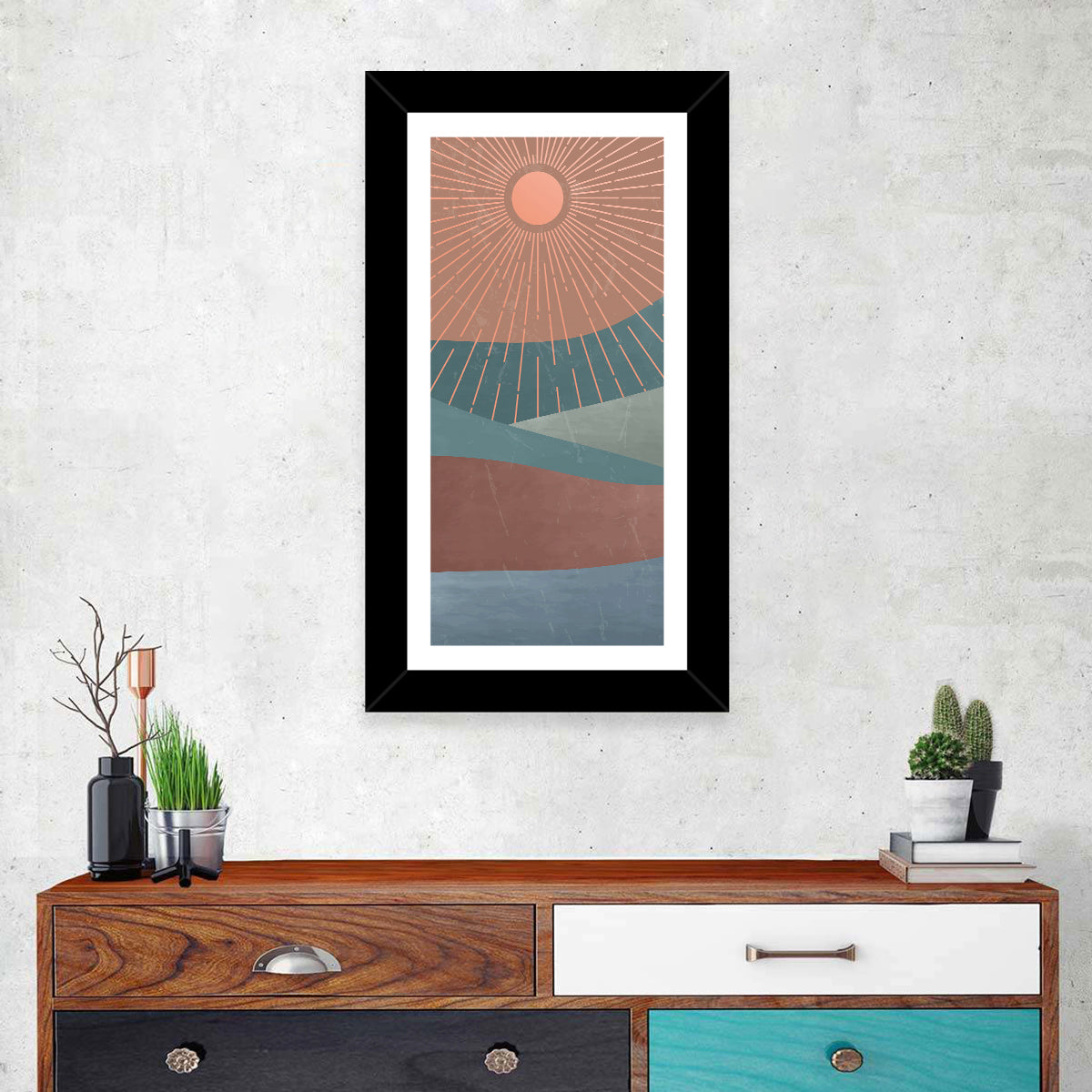 Minimalist Mountain Sunrise Wall Art in a room, portrait