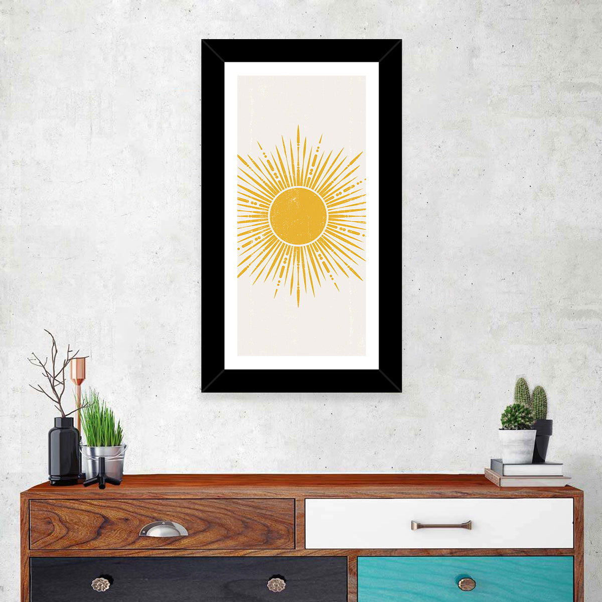 Golden Boho Sunburst Wall Art in a room, portrait
