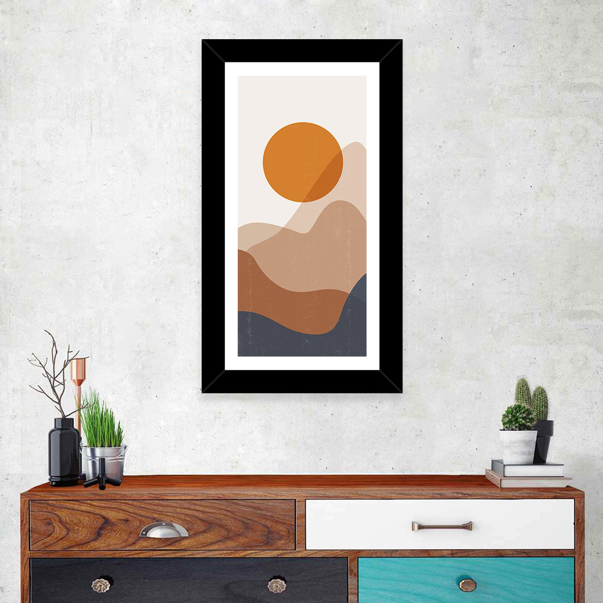 Layered Sunset Mountains Wall Art in a room, portrait