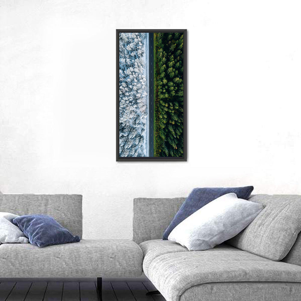 Summer and Winter Forests Wall Art in a room, portrait