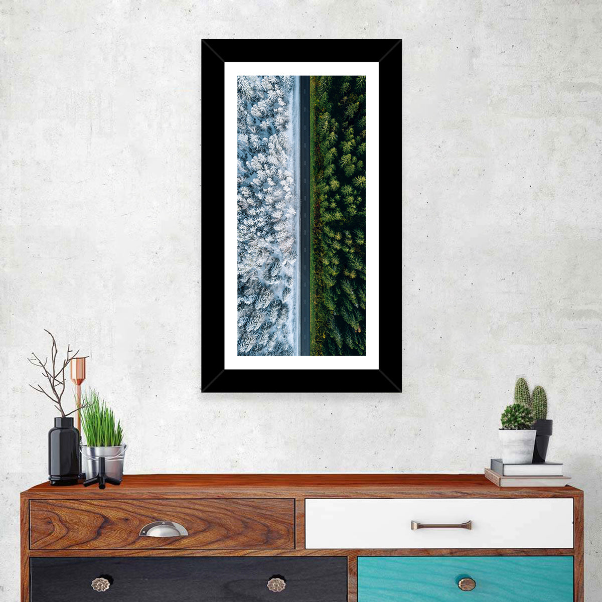 Summer and Winter Forests Wall Art in a room, portrait