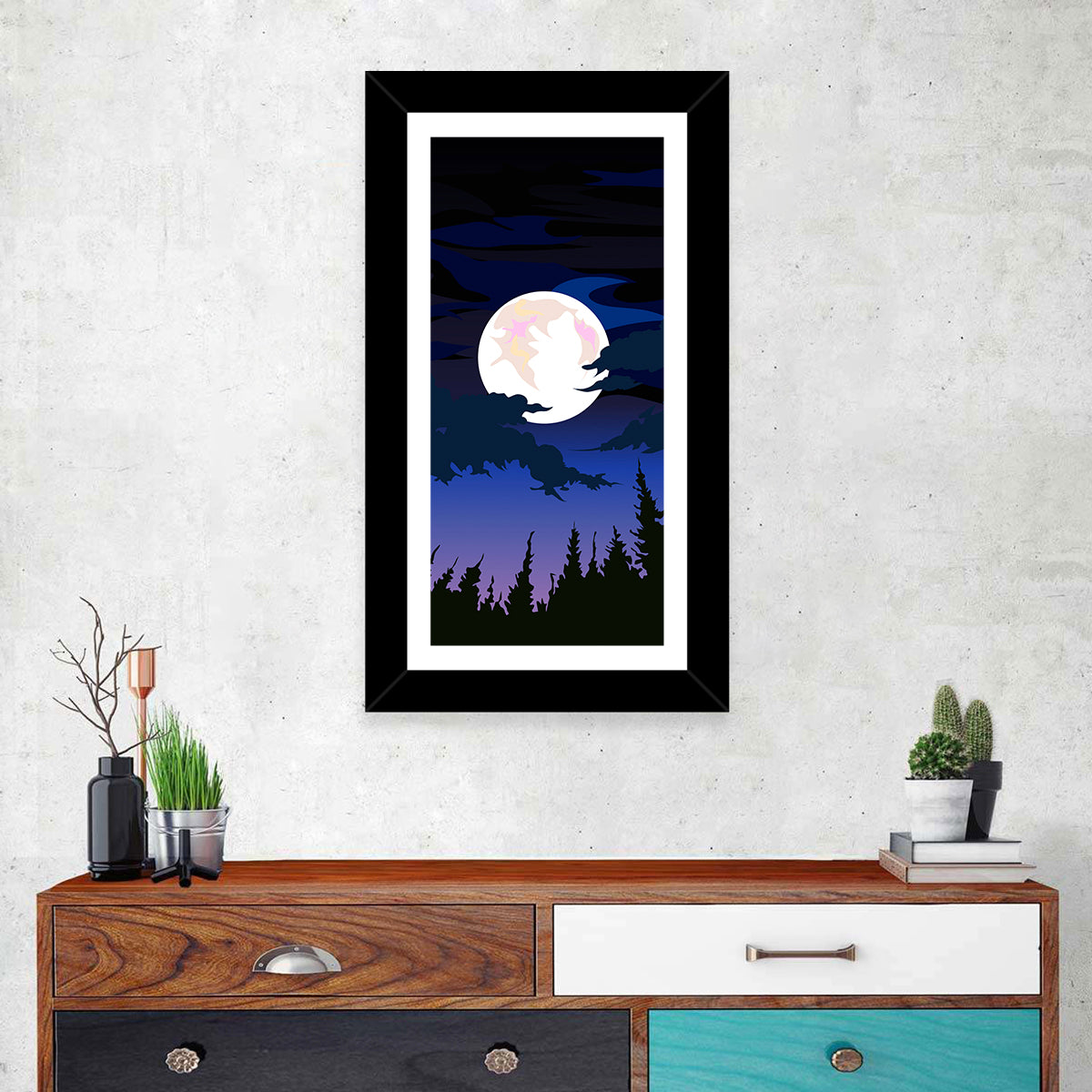 Dark Moon Over Forest Wall Art in a room, portrait