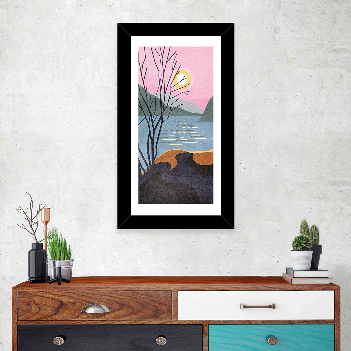 Sunset Over Lake with Bare Tree Wall Art in a room, portrait