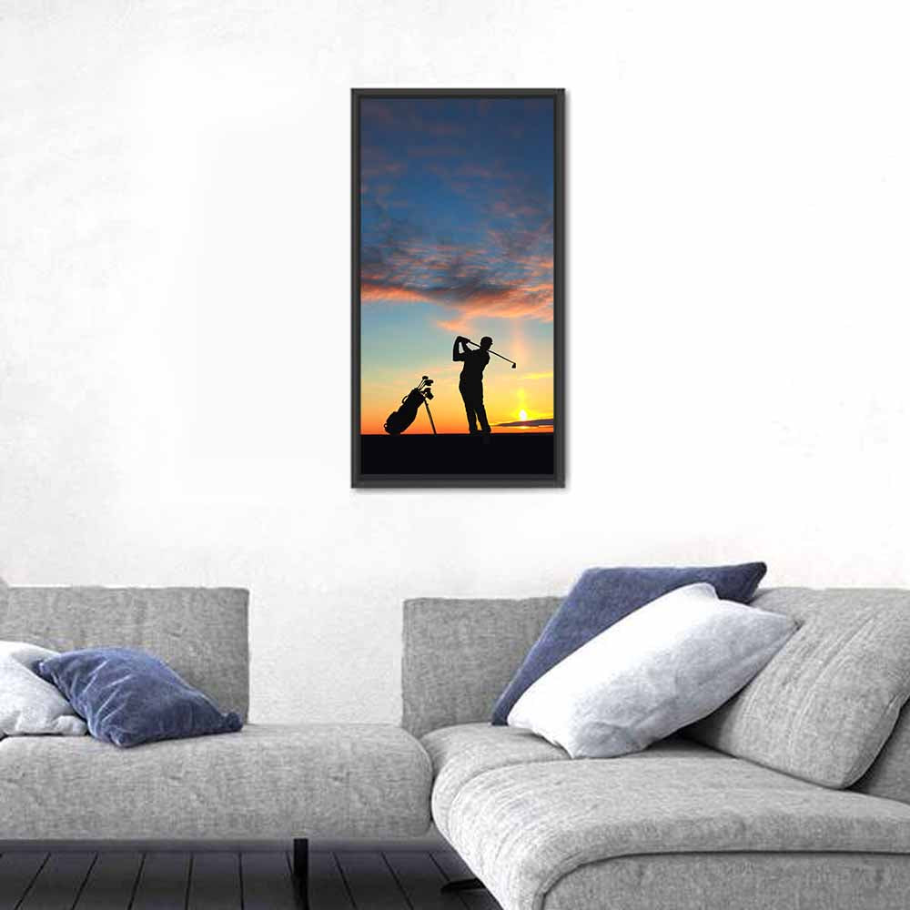 Sunset Golfer Silhouette Wall Art in a room, portrait
