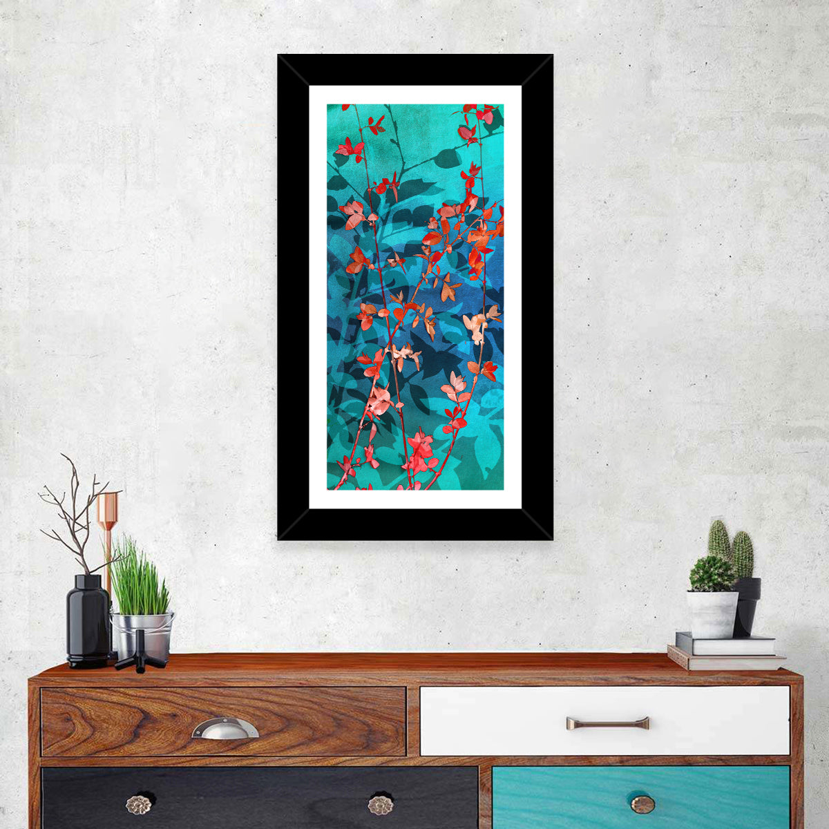 Red Leaf Branches Wall Art in a room, portrait