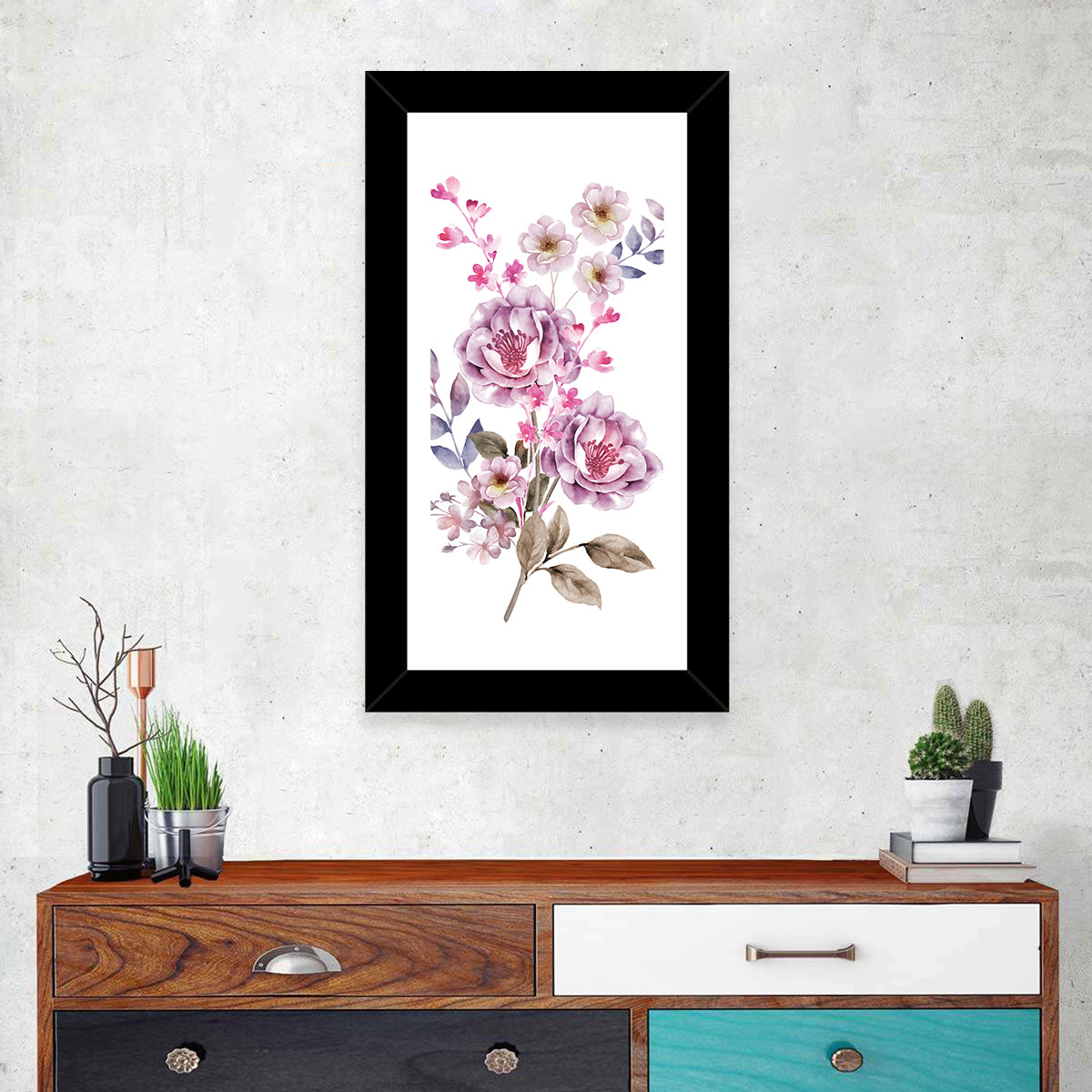Lavender Watercolor Bouquet Wall Art in a room, portrait