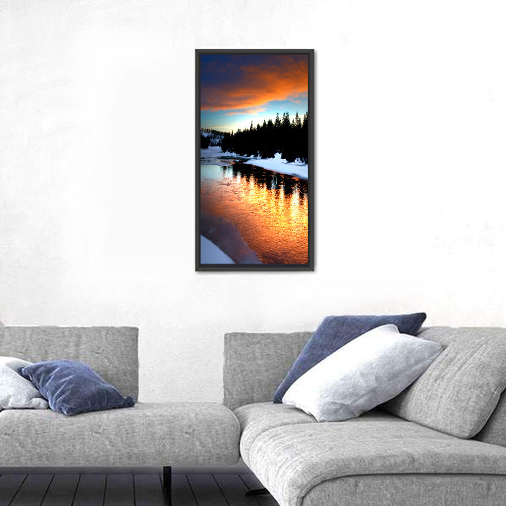 Golden Sunset Over Snowy River Wall Art in a room, portrait