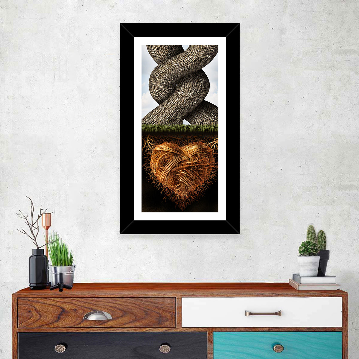 Intertwined Trees with Heart-shaped Roots Wall Art in a room, portrait